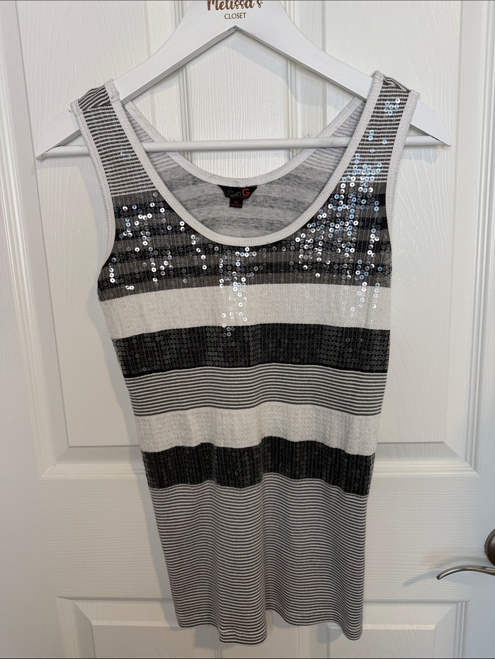 Guess Black & White Striped Sequin Tank Y2K XL